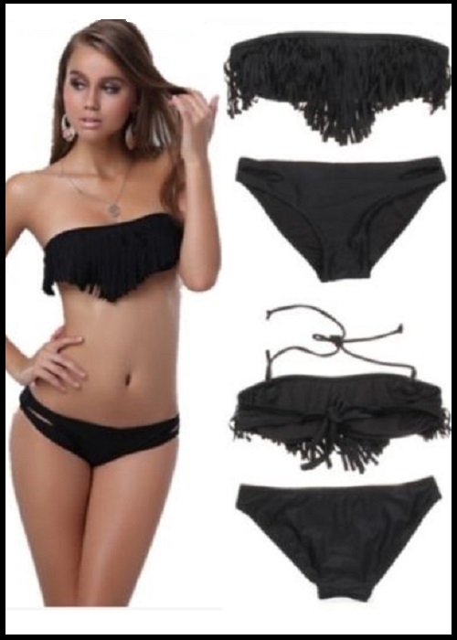 Sort frynse bandeau bikini m. strop